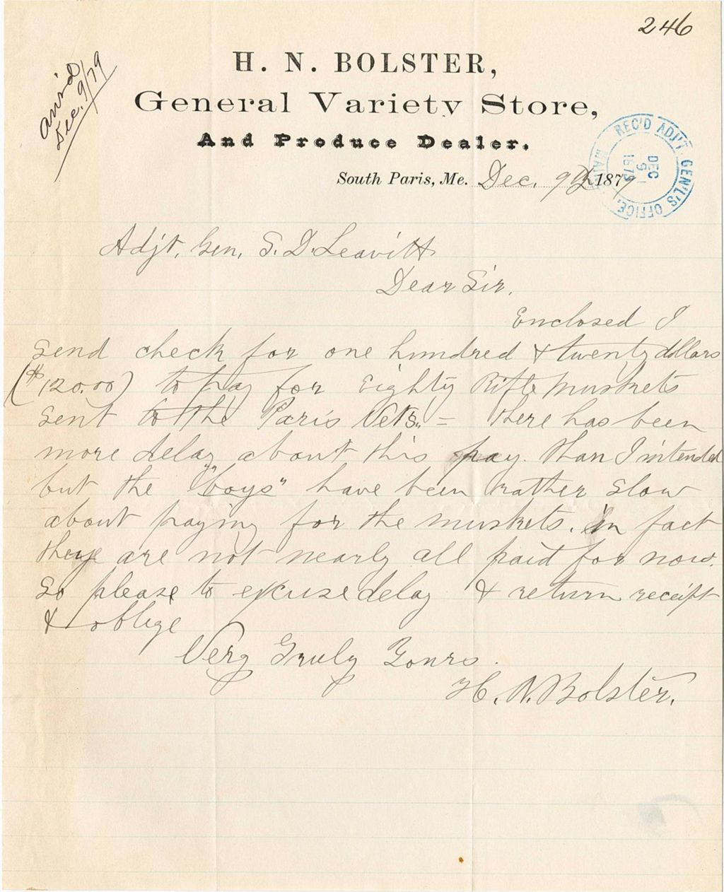 Miniature of H. N. Bolster sending a check for $120.00 to pay for rifle muskets sent to Paris