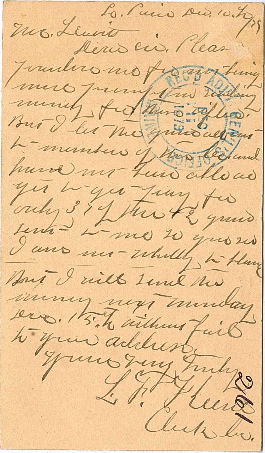 Miniature of L. F. Greene apologising for the delay in payment for rifles