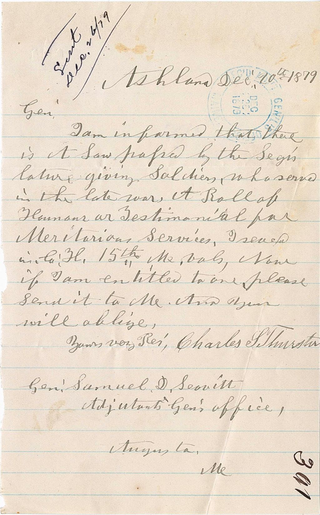 Miniature of Charles S. Thomaston asking about a law paper in the legislature that may give soldiers [Honor] Or testimonial per [meritorious] service
