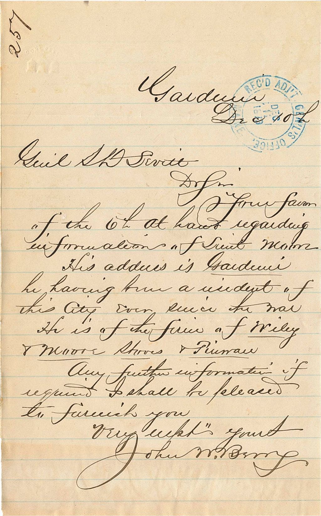 Miniature of John W. Berry asking about information about Lieut Moore