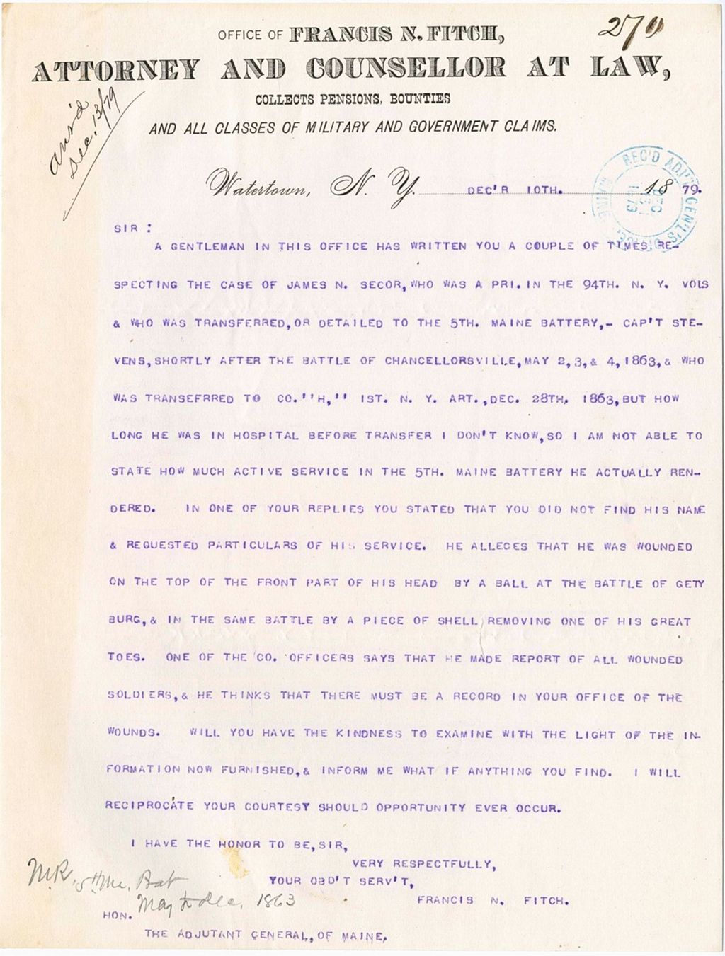 Miniature of Francis N. Fitch requesting medical information regarding James N. Secor who was wounded during the battle of Gettysburg