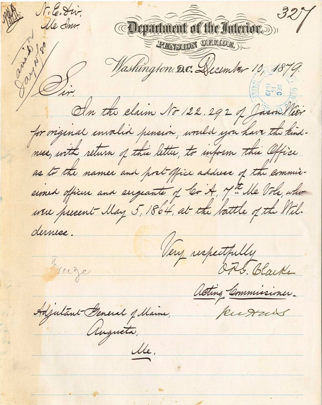 Miniature of O. P. G. Blaike, acting commissioner of the department of the interior requesting information about those present May 5th 1864, at the battle of the wilderness