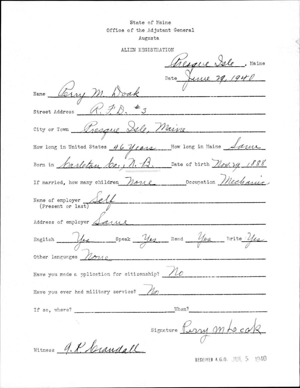 Miniature of Alien Registration- Doak, Perry M. (Presque Isle, Aroostook County)