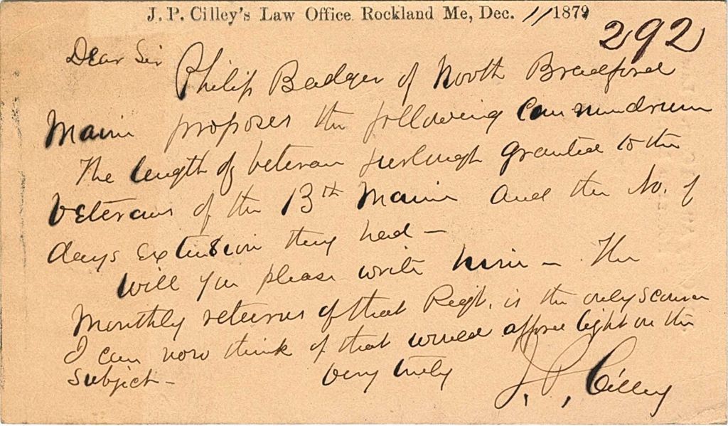 Miniature of J. P. Cilley writing to request returns to be sent to Philip Badre