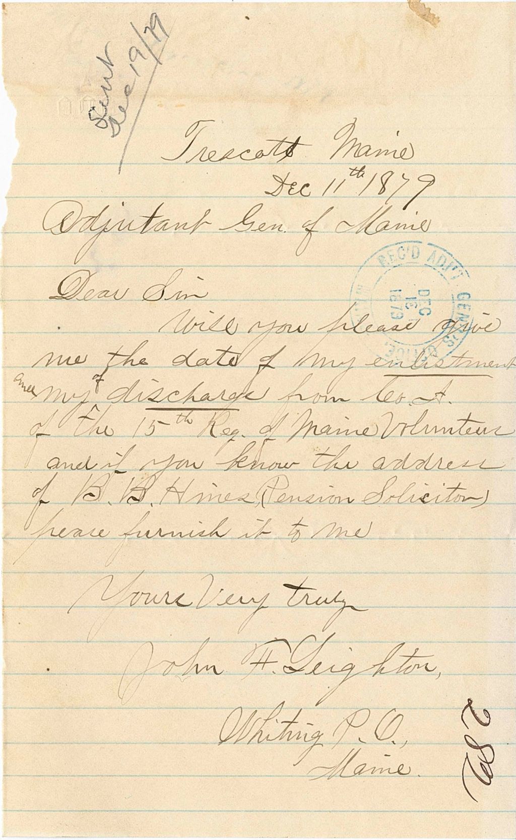 Miniature of John H. Leighter requesting information about his discharge and enlistment