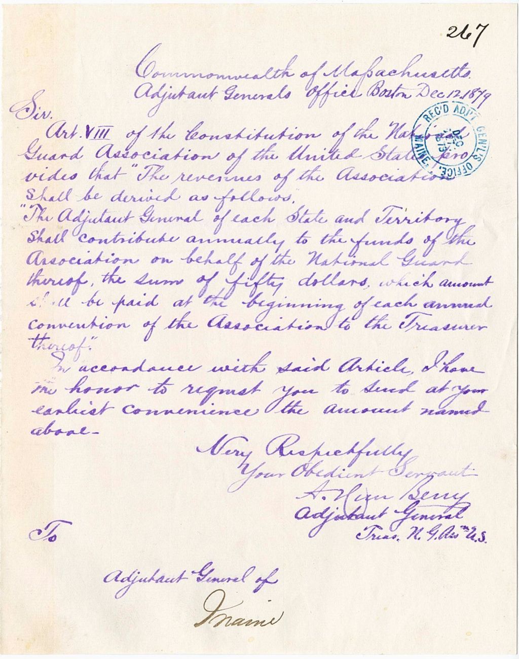 Miniature of A. H. Berry the adjunct General for the Commonwealth of Massachusetts requesting the annual contribution of $50 to be paid to the National Guard Association