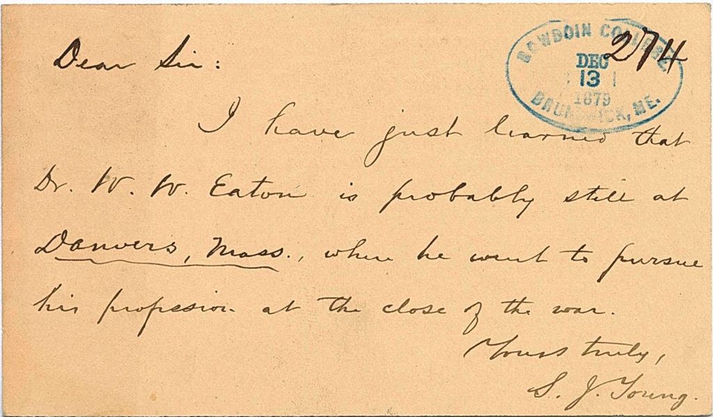 Miniature of S. J. Young writing that Dr. W. W. Eaton is in Danvers, Mass