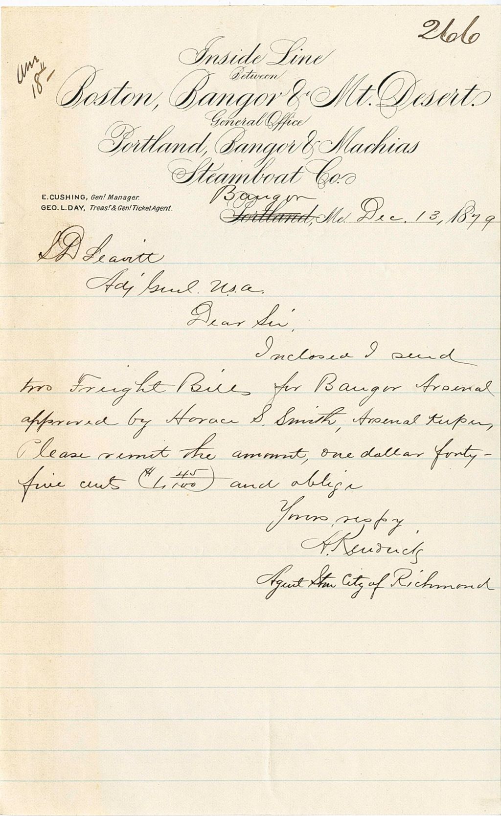 Miniature of A. Kengards sending freight bills for the Bangor Arsenal