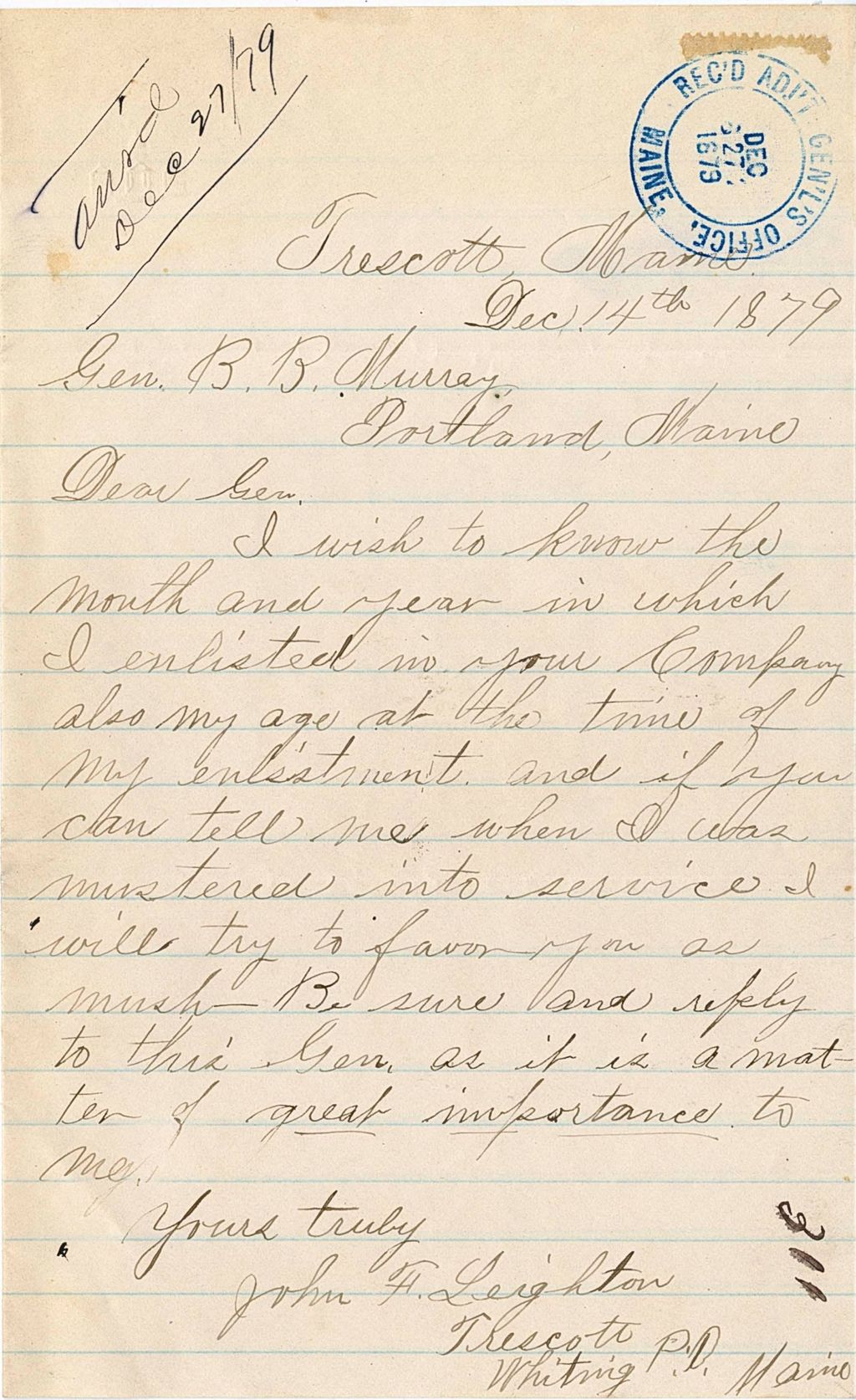 Miniature of John F. Leighton requesting enlistment information