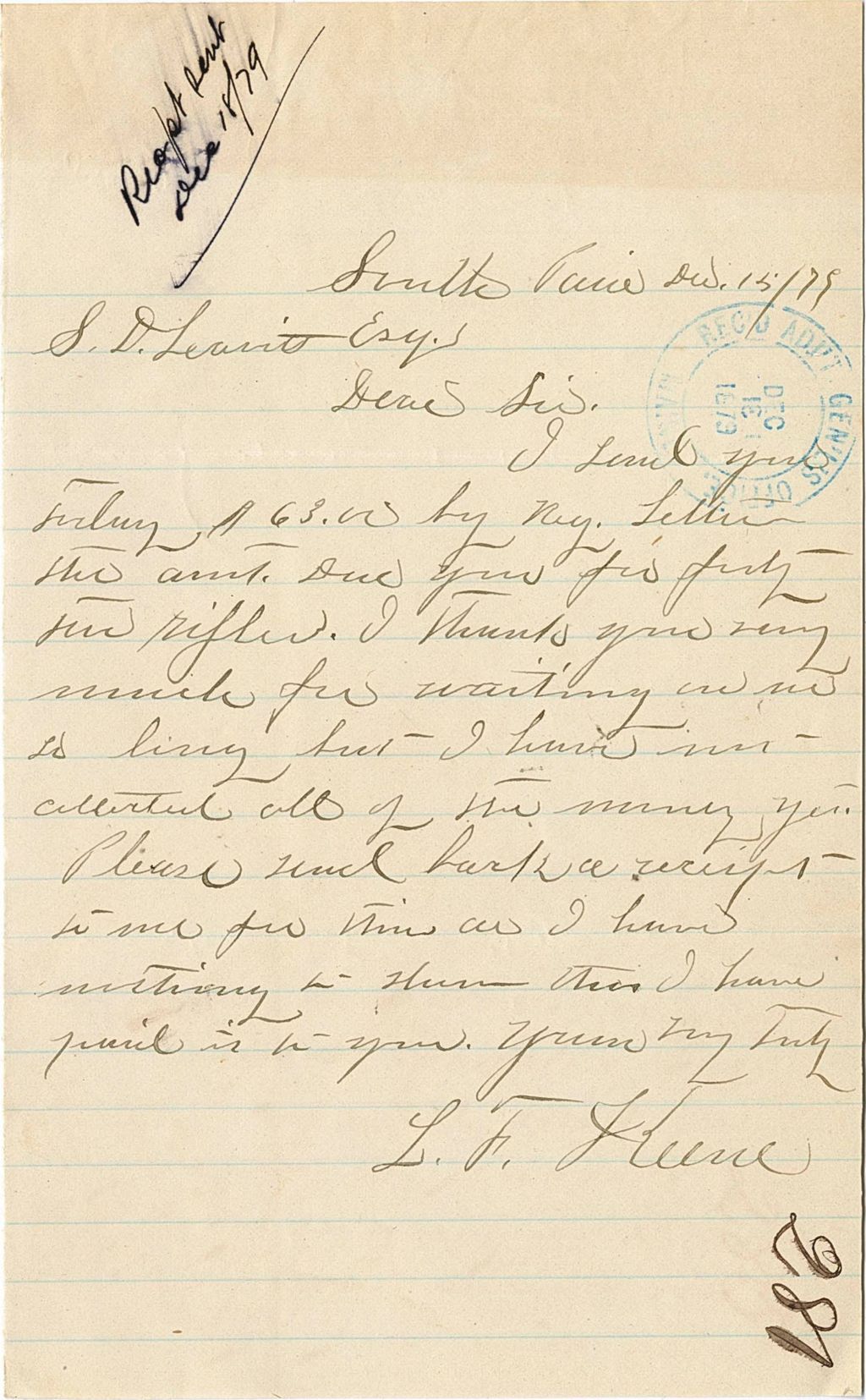 Miniature of L. F. Greene writing to request a receipt and to apologise for the delay of payment for rifles
