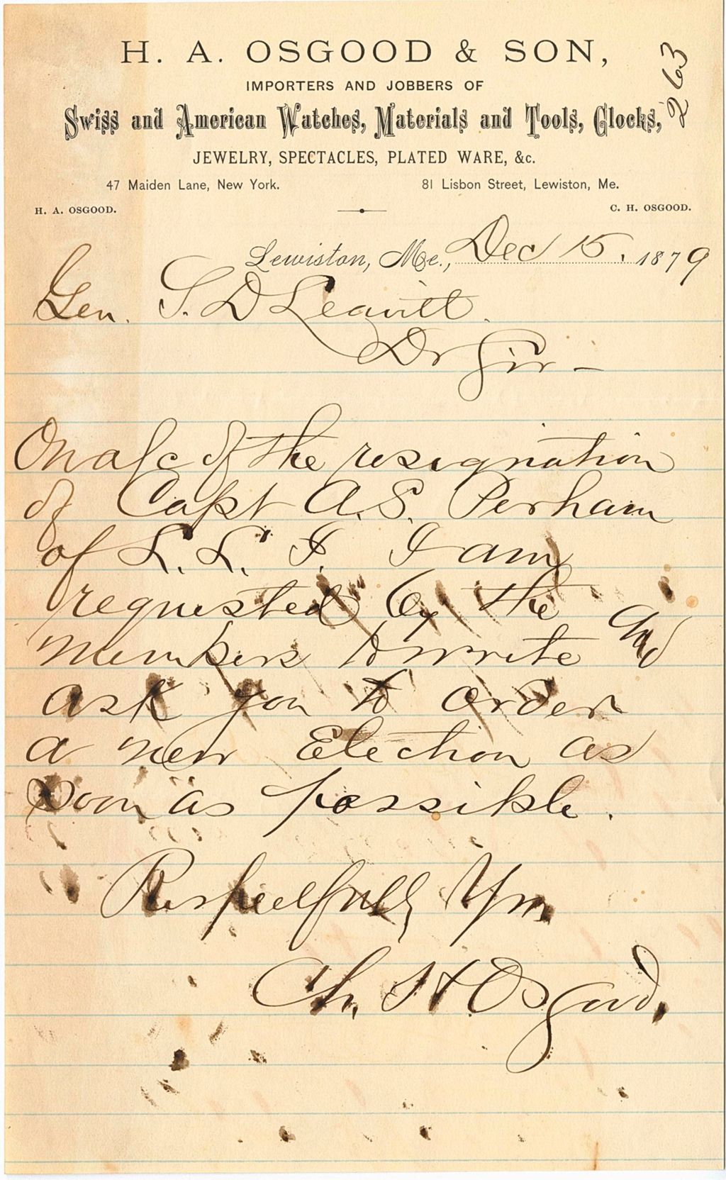 Miniature of C. H. Osgood requesting the order of a new election after the resignation of Capt. A. S. Perham