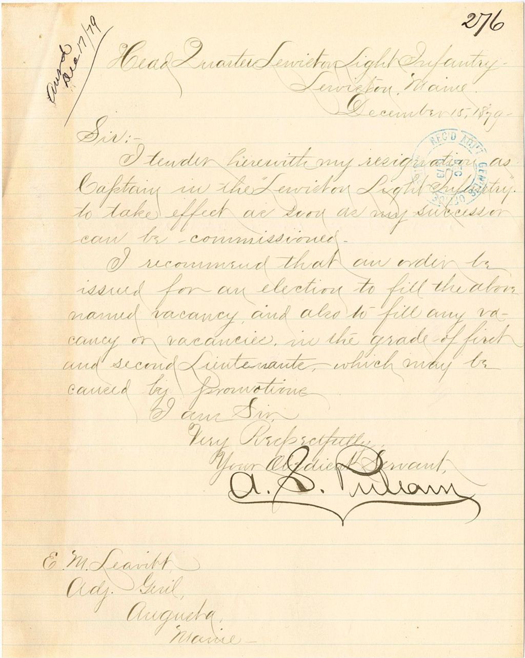 Miniature of Capt. A. S. Perham's resignation