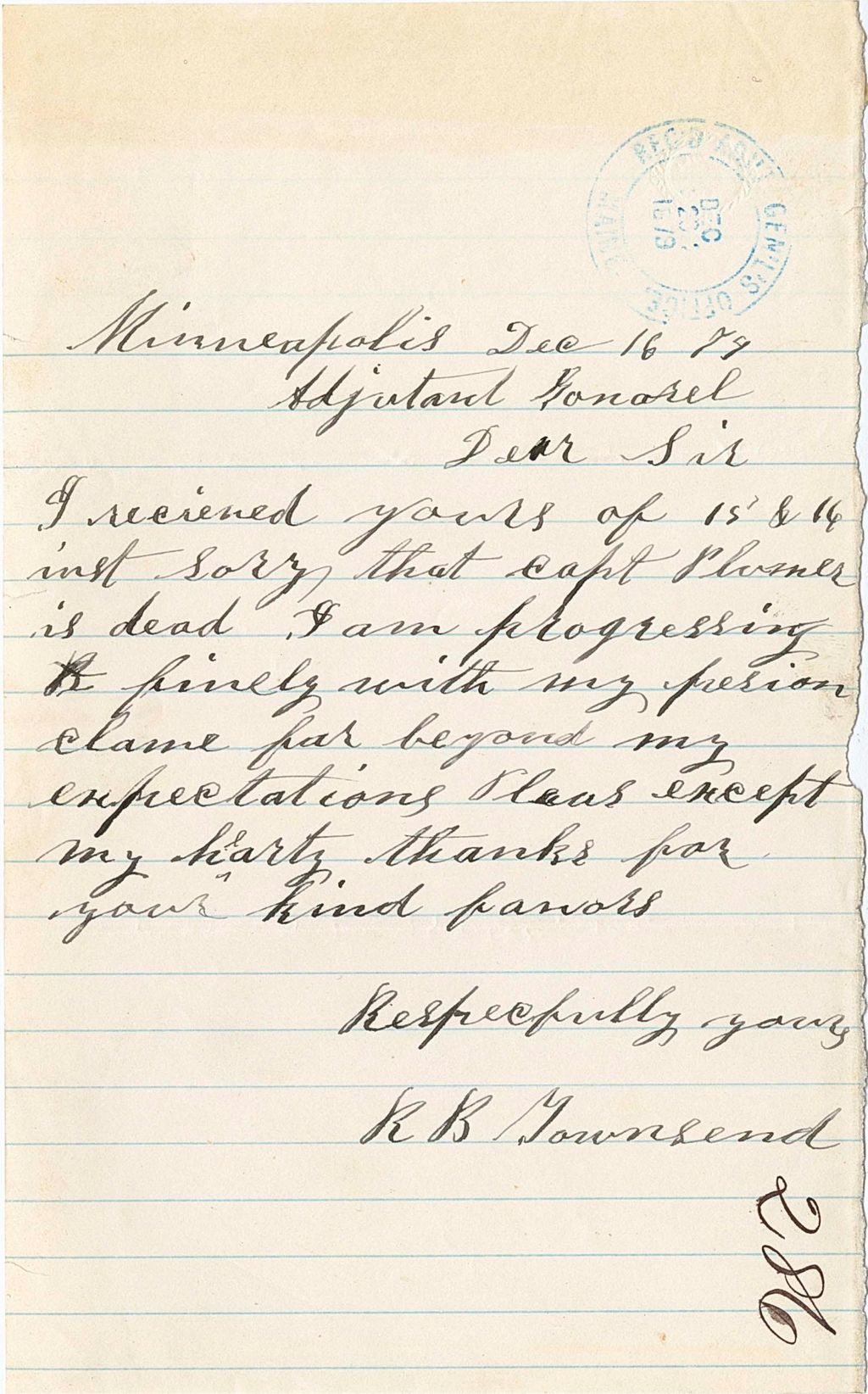 Miniature of R. B. Townsend greiving the loss of Capt. Plomer and thanking the Adjunct General for help with his pension