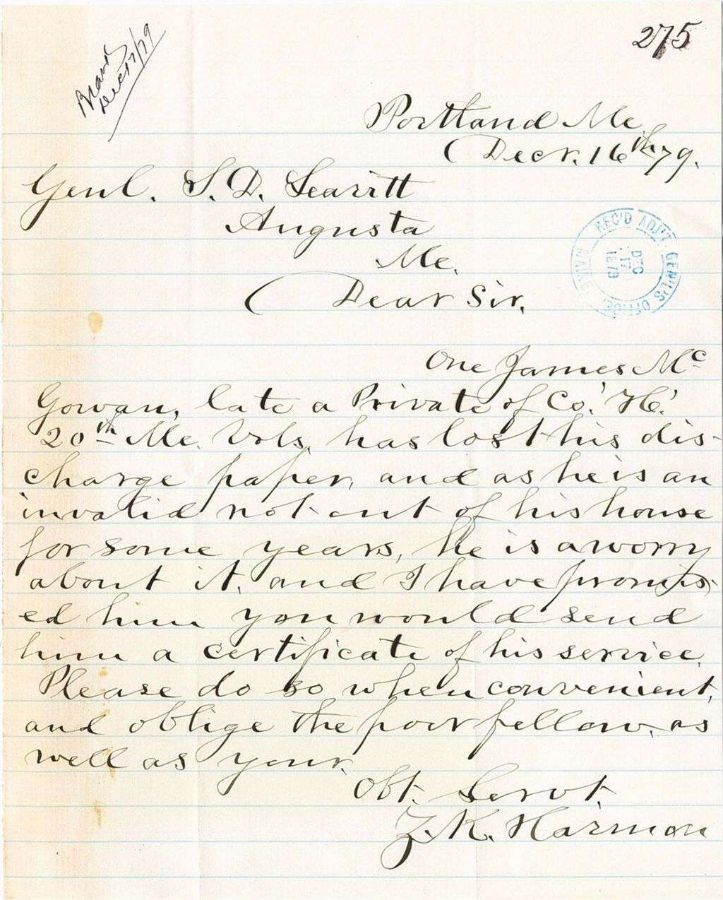 Miniature of Z. K. Harman requesting the service papers of James McGowan be sent to him
