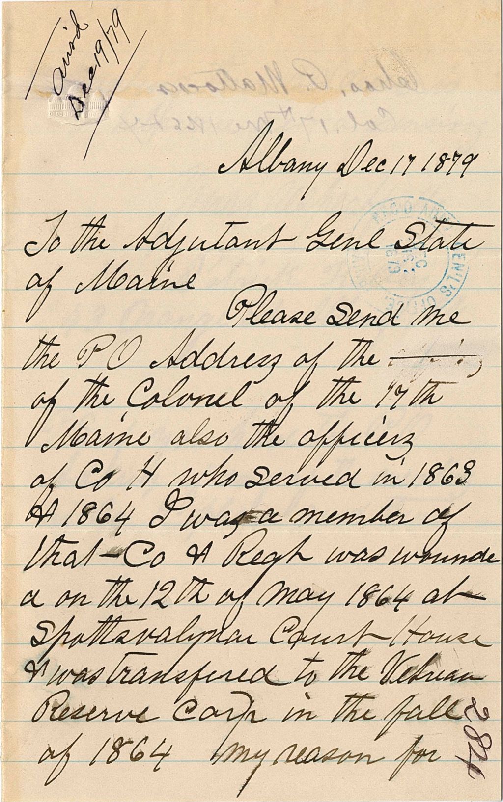 Miniature of Patrick Kelley requesting the P.O. Address of of the colonel as well as any of the members of the 17th Maine in order to receive pension