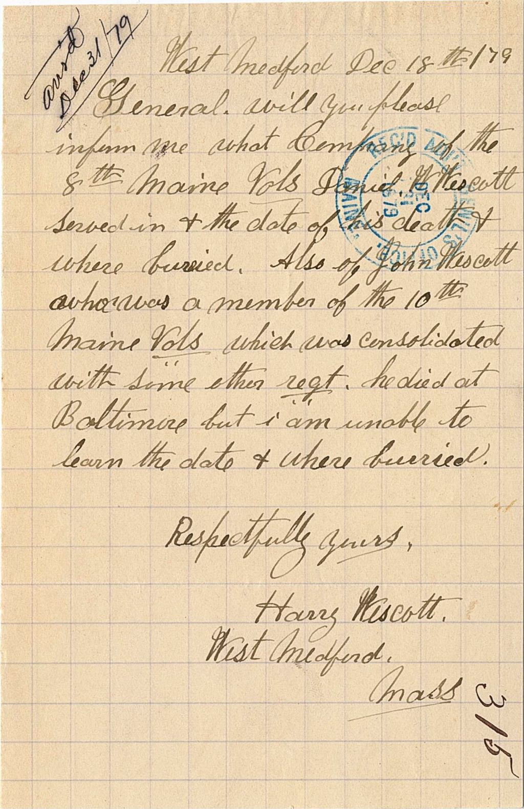 Miniature of Harry Wescott requesting information regarding David W. Wescott including day of death and place of burial