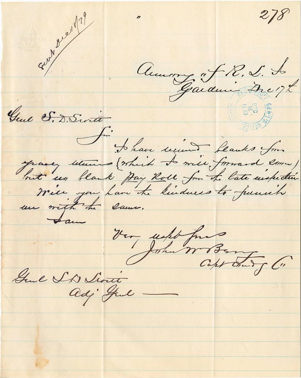 Miniature of John N. Berry requesting blank pay rolls for their recent late inspection