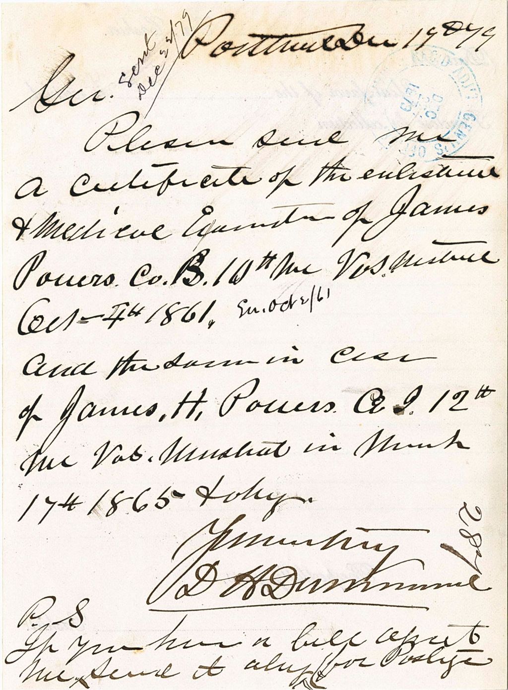 Miniature of D. H. Dummand requesting a certificate of enlistment and medical information for James Powers