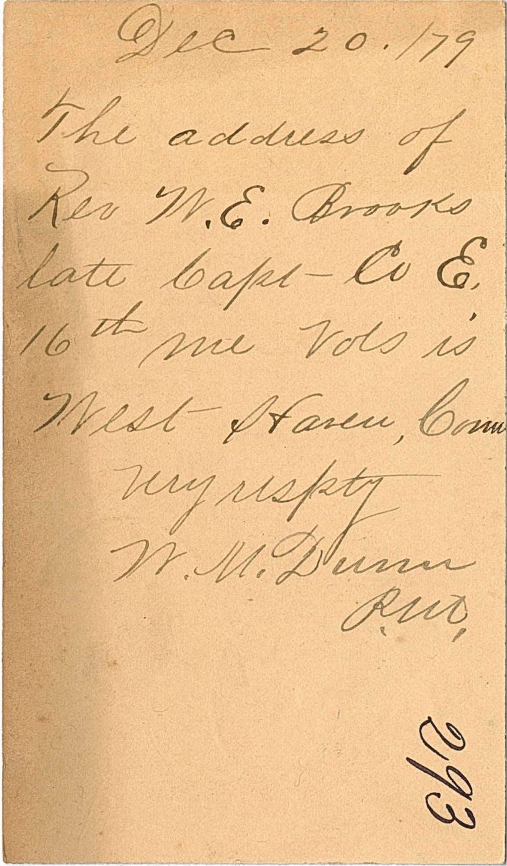 Miniature of W. M. Dunn requesting the address of Rev, W. E. Brooks