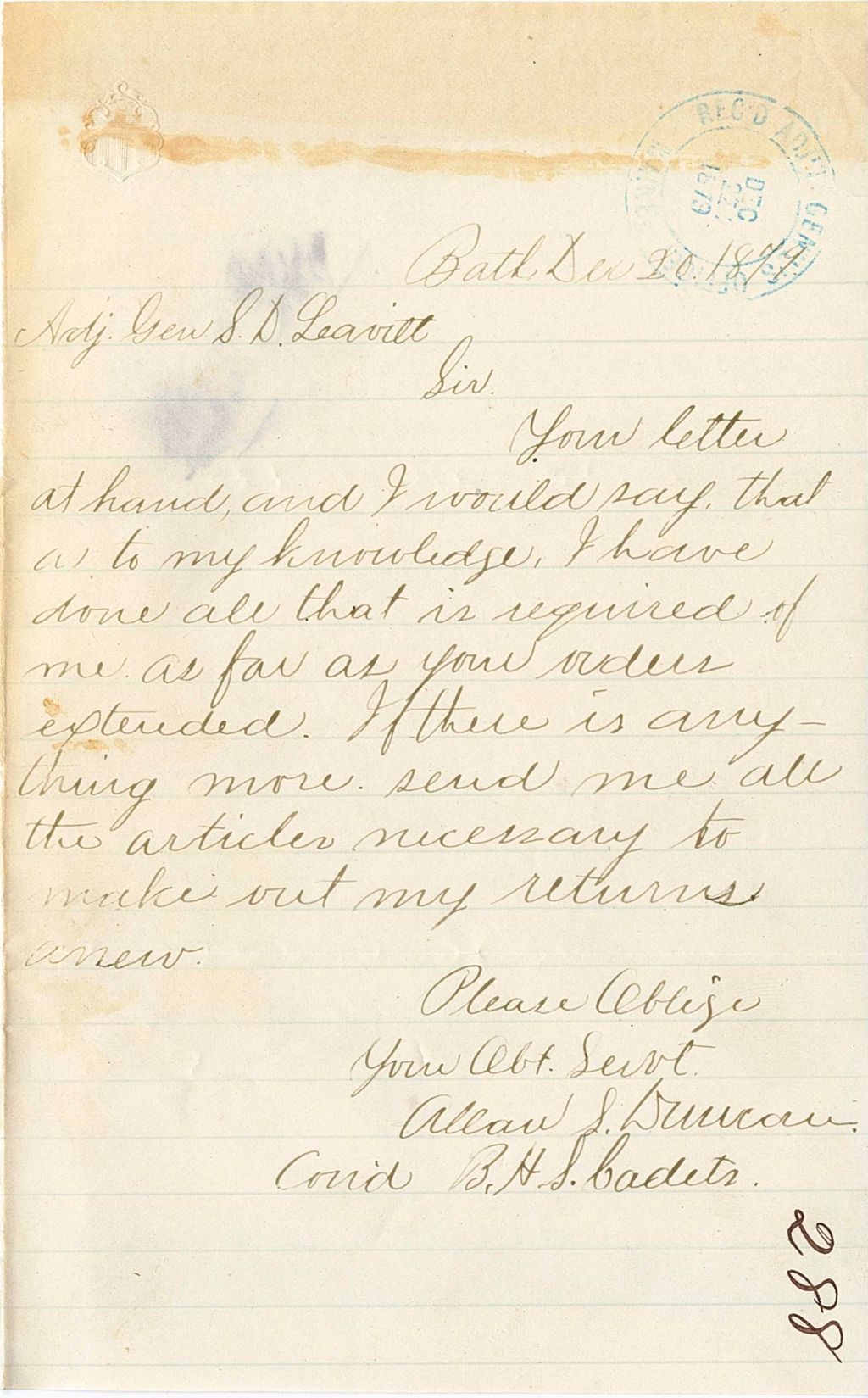 Miniature of Allan S. Duncan writing that he has sent in all of his returns properly