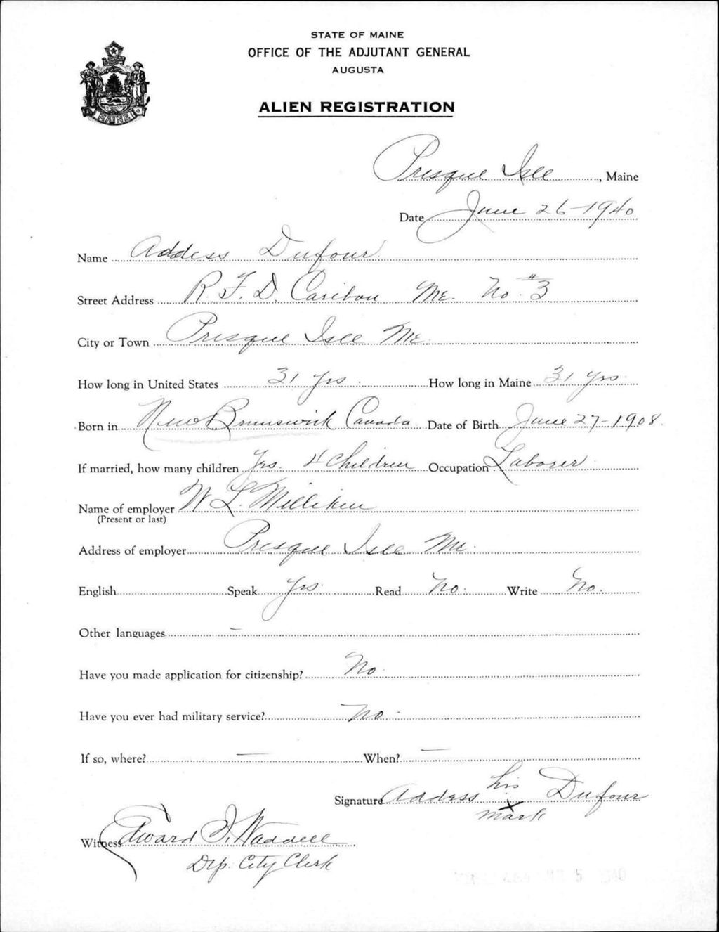 Miniature of Alien Registration- Dufour, Addess (Presque Isle, Aroostook County)