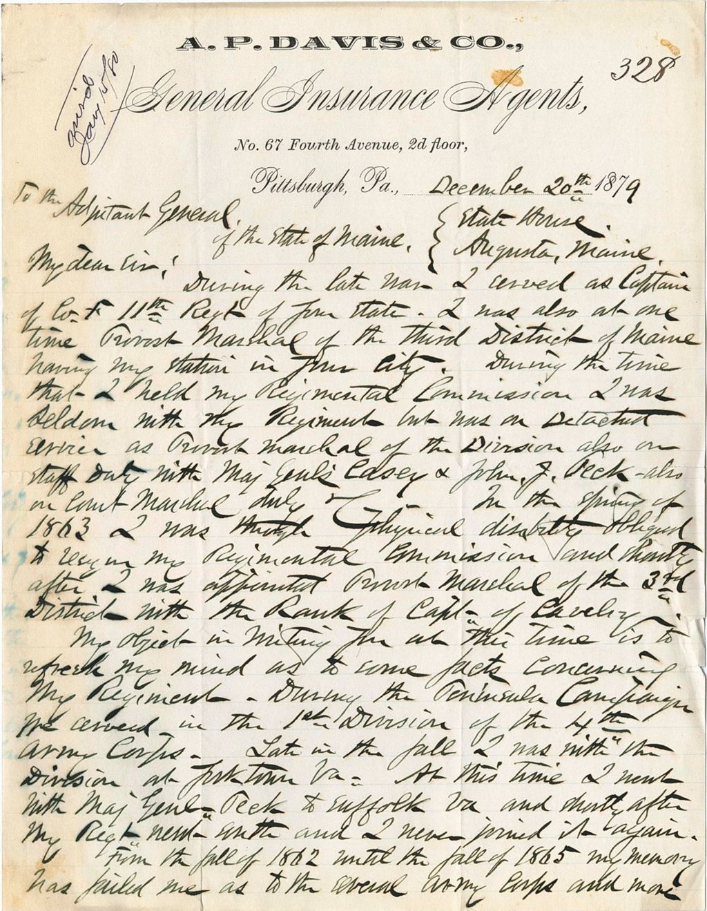 Miniature of A. P. Davis requesting information about his service records and the divisions he was transferred to
