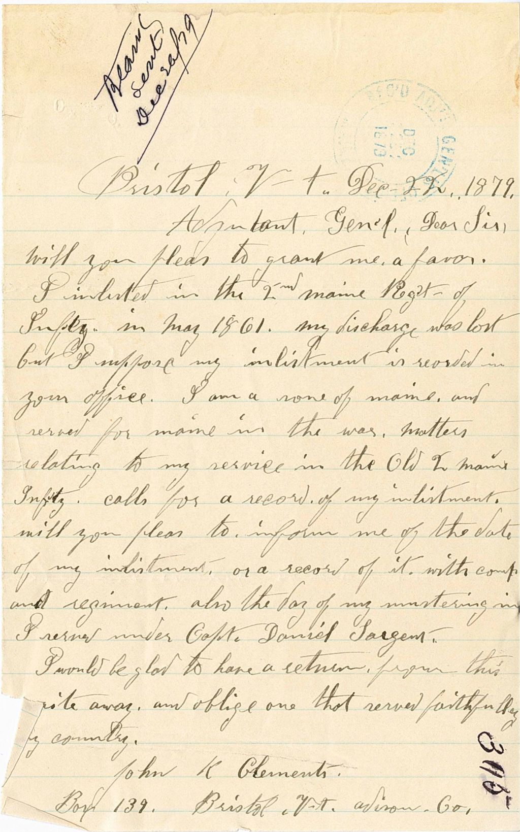 Miniature of John K. Clements requesting his service records