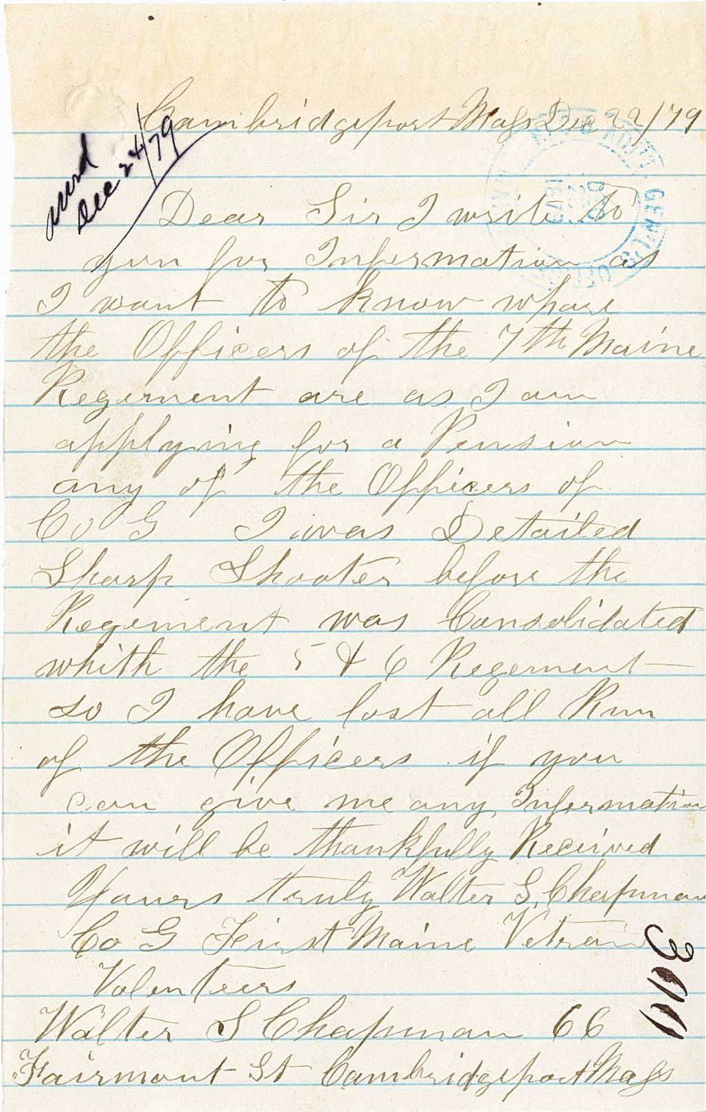 Miniature of Walter S. Chapman requesting information to be eligible for a service pension