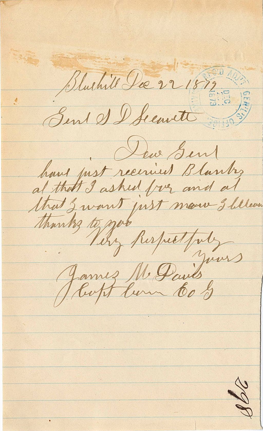 Miniature of James M. Davis acknowledging the blanks that he received