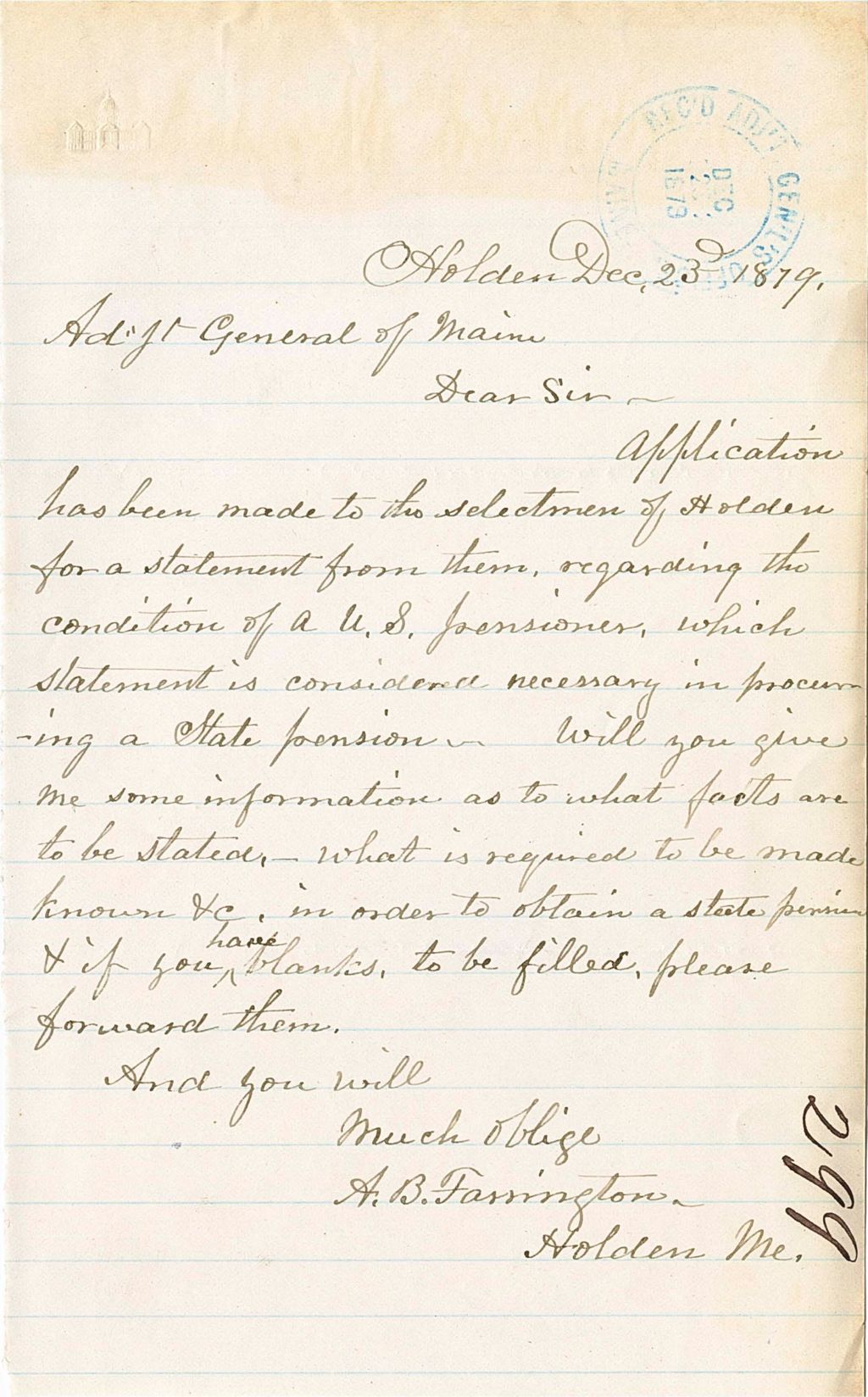 Miniature of A. B. Farrington regarding the statement of a selectman to receive pension, and requesting blanks to fill out