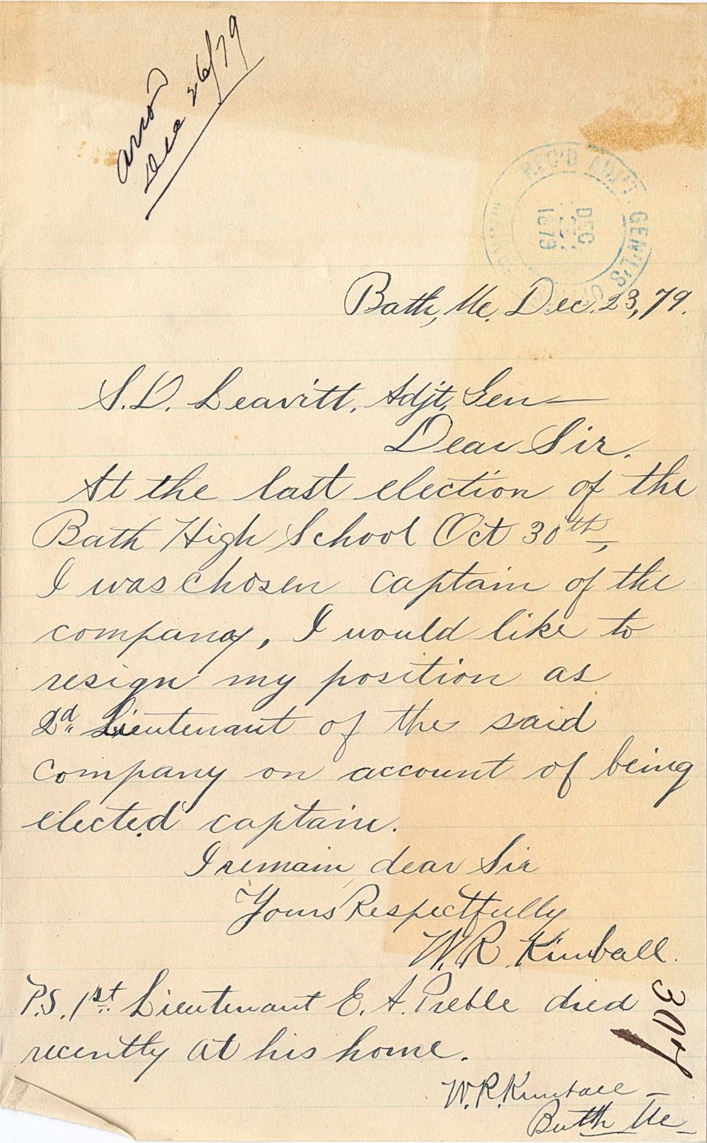 Miniature of W. R. Kimball resigning his position in order to take his newly elected position of captain