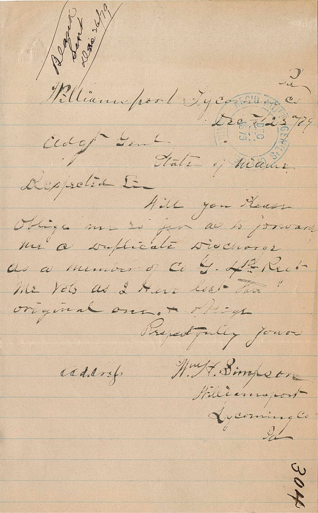 Miniature of A. H. Simpson requesting discharge papers