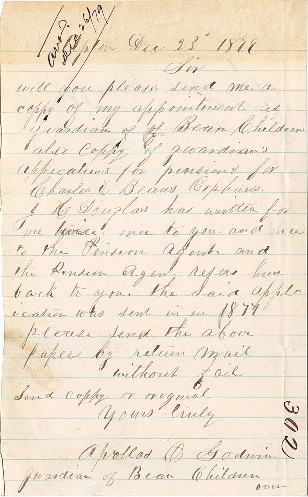 Miniature of Apollod A Godwin requesting application of pension to remain guardian of the Bean children