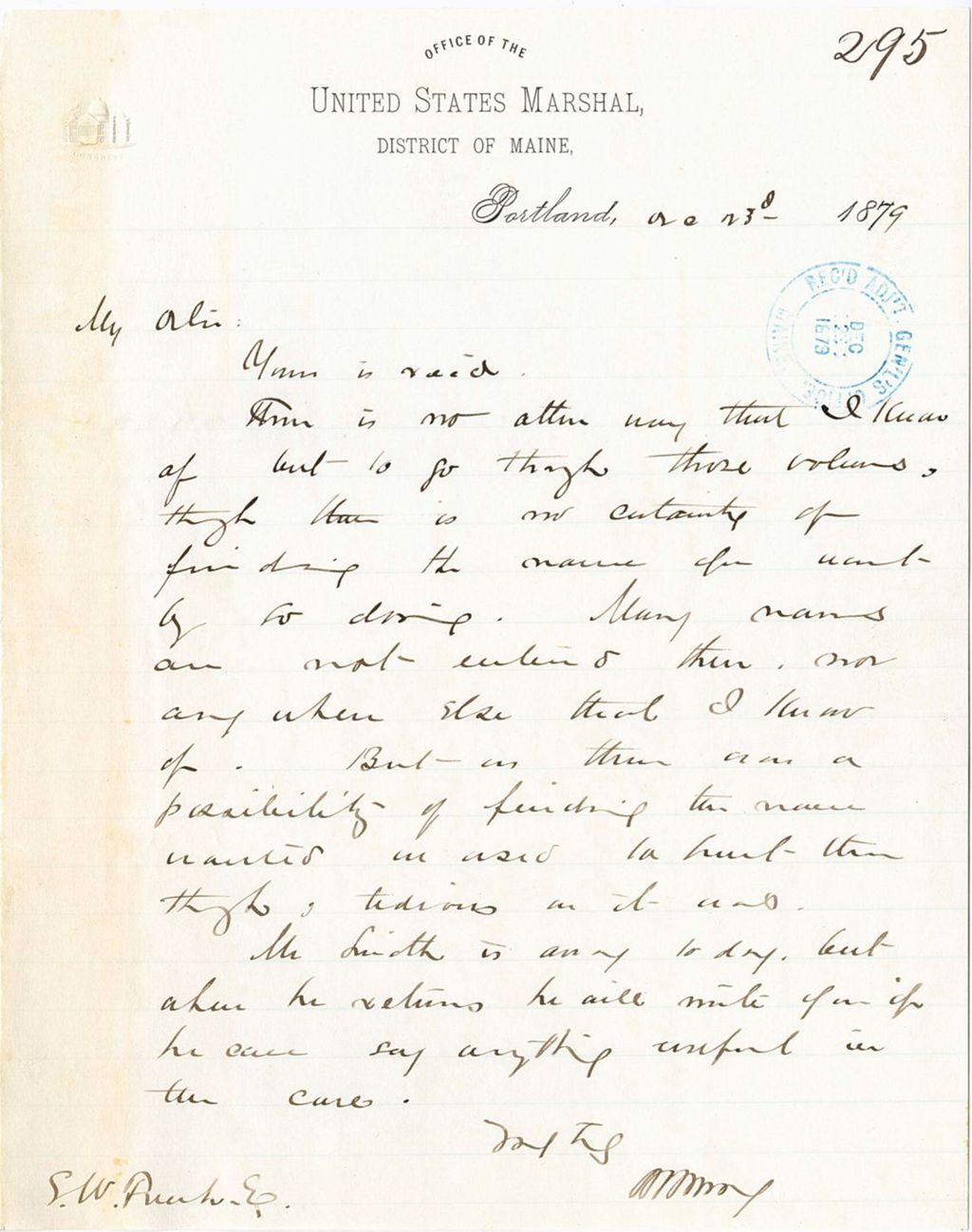 Miniature of The Office of the United States Marshal, S. W. Rich. E regarding finding a certain name