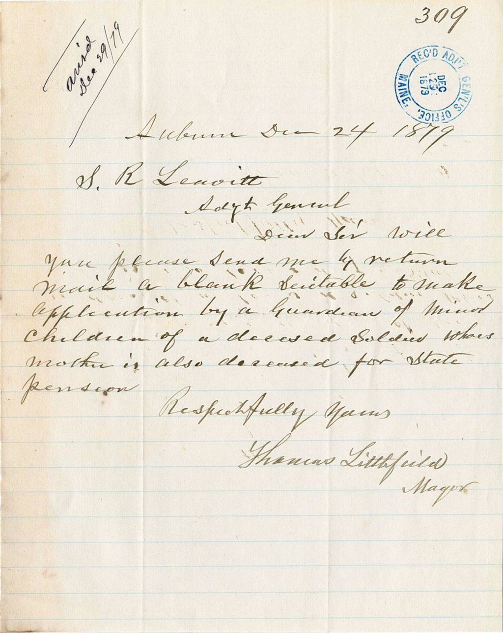 Miniature of Thomas Littlefield requesting a blank application to gain guardianship of orphans