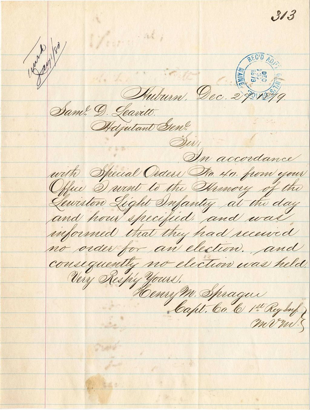 Miniature of Henry M. Sprague informing that there was no election held at the Skowhegan Light Infantry