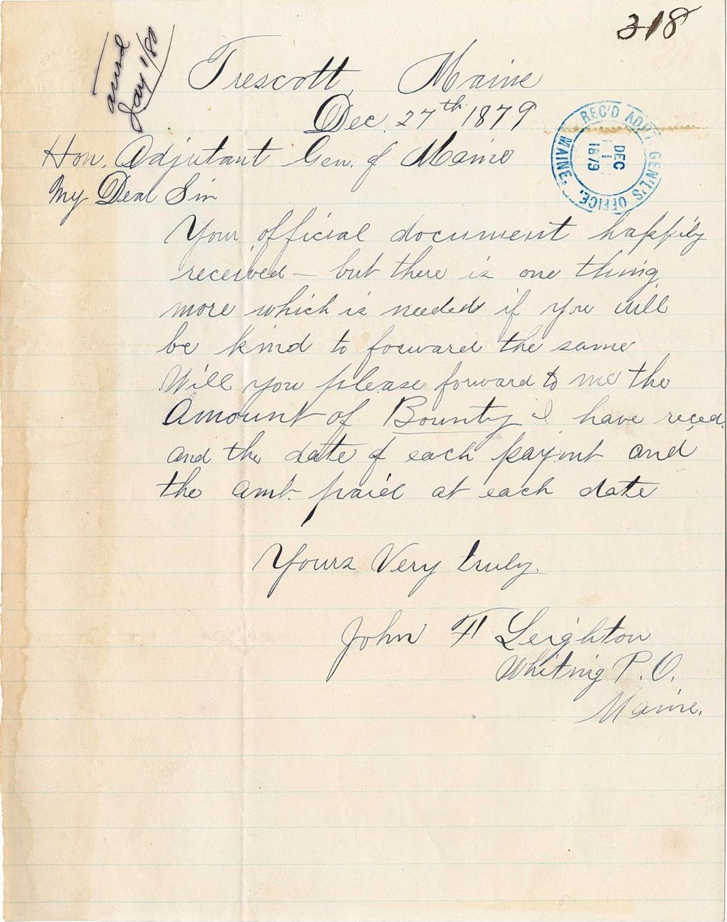 Miniature of John F. Leighton asking for the amount of bounty that he has received and the date of each payment