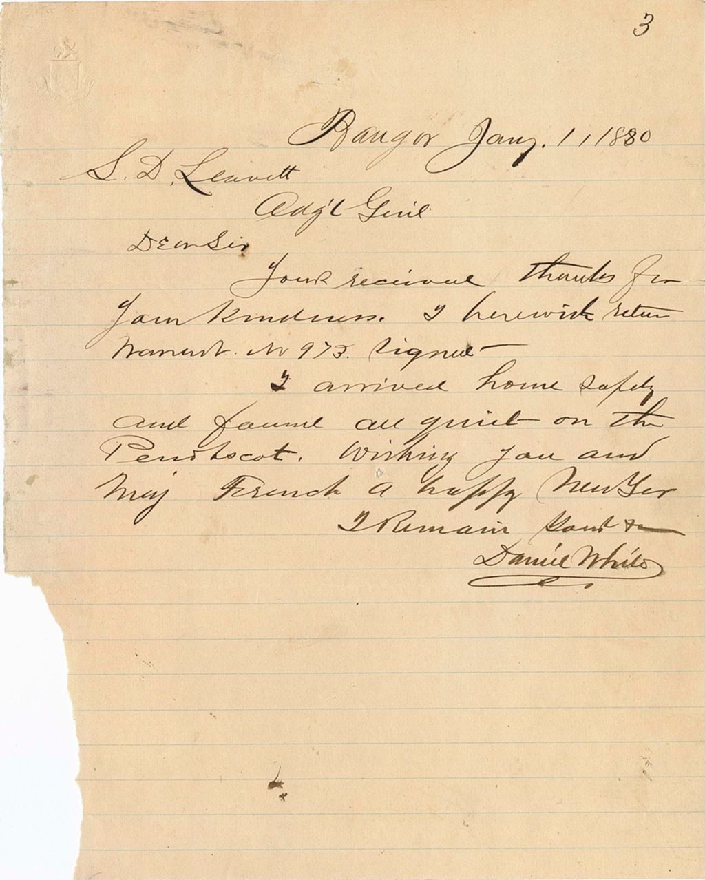 Miniature of Daniel White returning a [signed manual of 973] and wishing a happy New Year