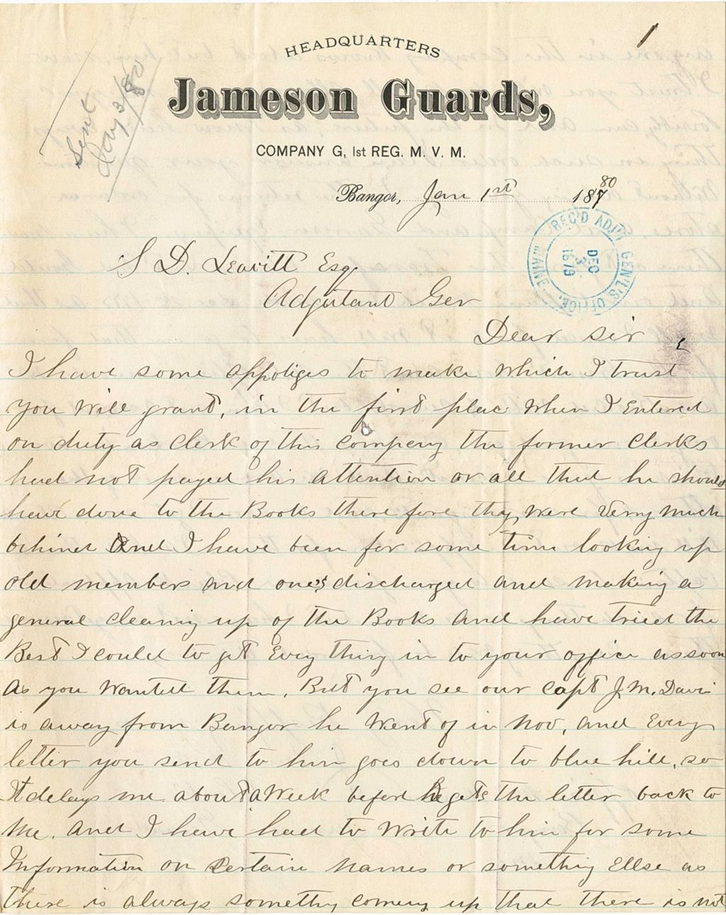 Miniature of J. Lewis. Howe explaining delay in response as well as request blanks to order arms and equipment