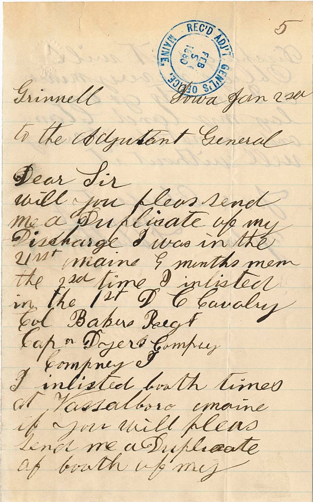 Miniature of John Tibbetts requesting his discharge papers