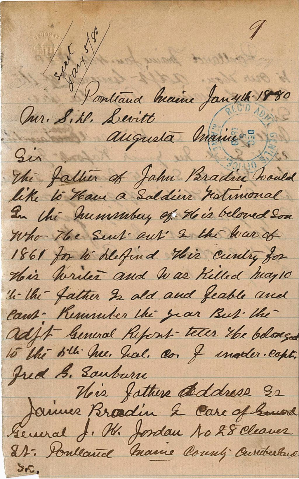 Miniature of J. w. Jordan requesting a soldiers testimonial for the father of John Bradiu, James Bradiu