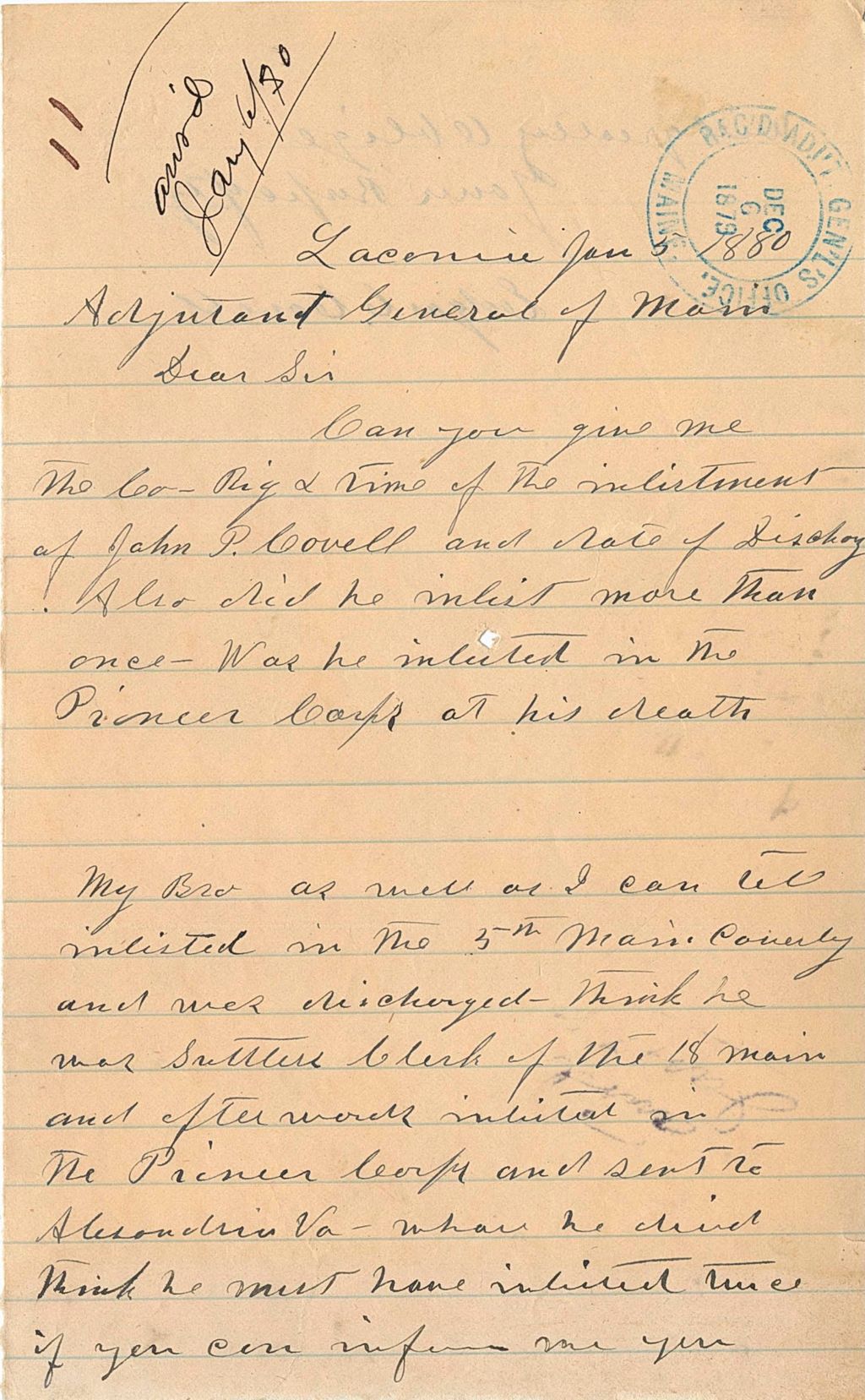 Miniature of Edgar L. Lovell requesting the inlistment and discharge information of John P. Lovell