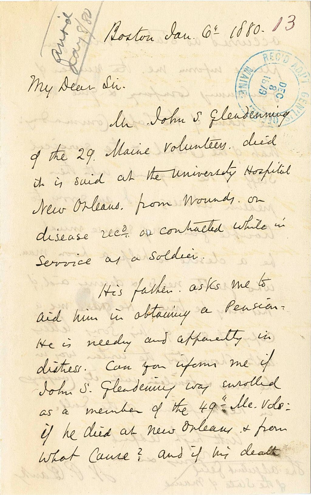 Miniature of N. P. [Pauly] requesting information about John S. Gleadenning's death in order for his father to obtain a pension