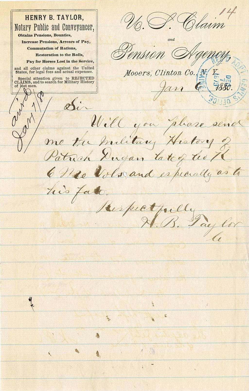 Miniature of Henry B. Taylor requesting the military history of Patrick Dugan