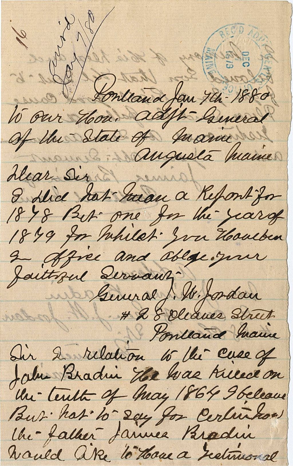 Miniature of James Bradiu requesting a testimonial for his son, John Bradiu