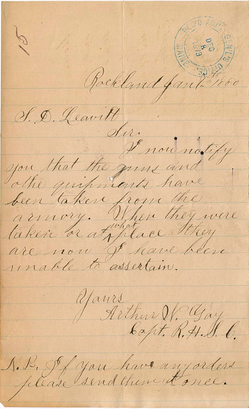 Miniature of Arthur N. Gay informing that their arms have been moved, and they do not know the place they have been moved