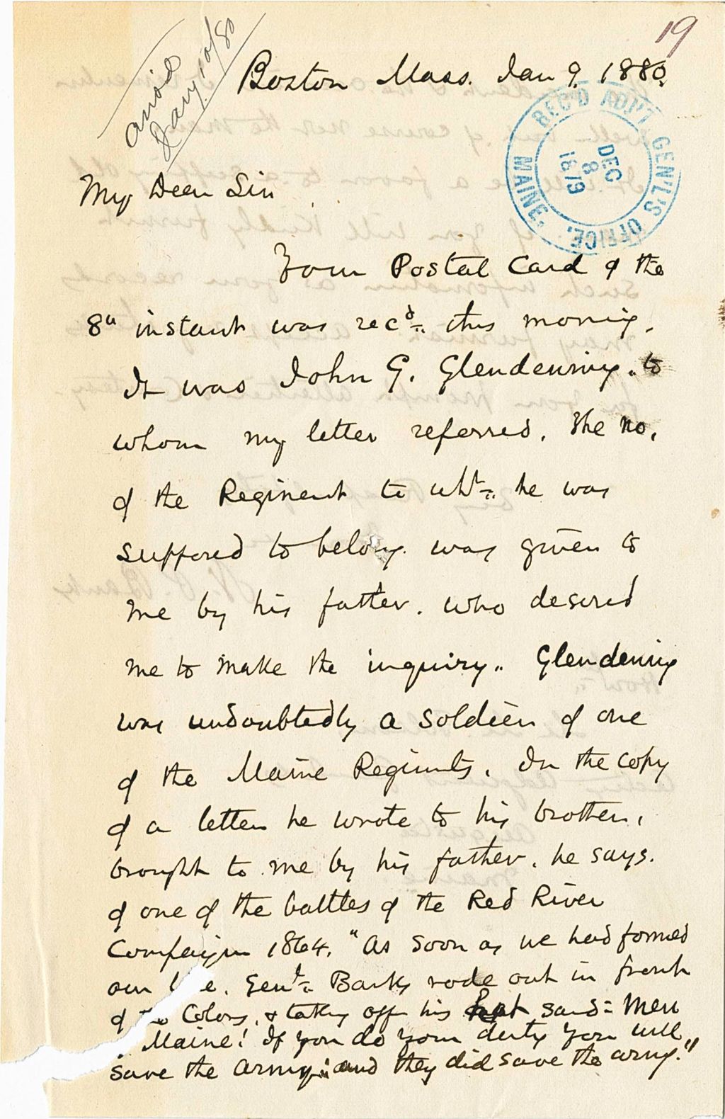 Miniature of N. P. [Pauly] requesting more information about John S. Gleadenning's death