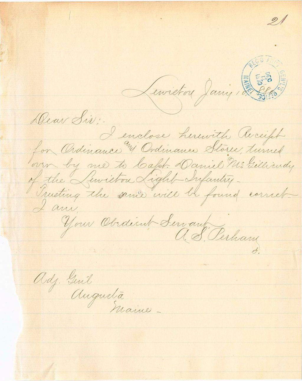 Miniature of A. S. Perham sending a reciept for ordinances from the Lewiston Light Infantry