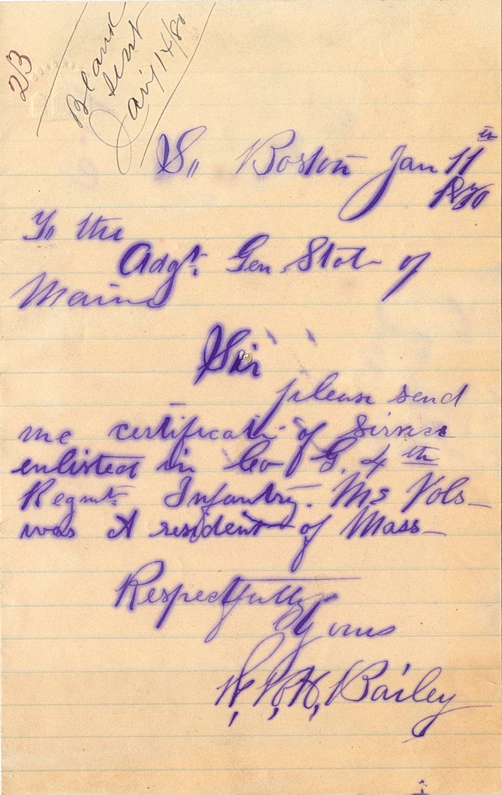 Miniature of W. H. Bailey requesting his certificate of service
