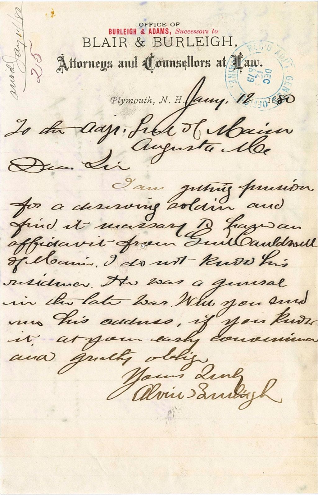 Miniature of Alvis Burleigh requesting information about [Gail] Cauldwell in order to help the soldier receive a pension